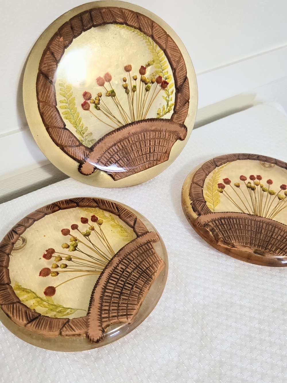 Vtg  Lucite Footed Trivet Set 3 Dried Flowers Basket Design Gifts Country Wall